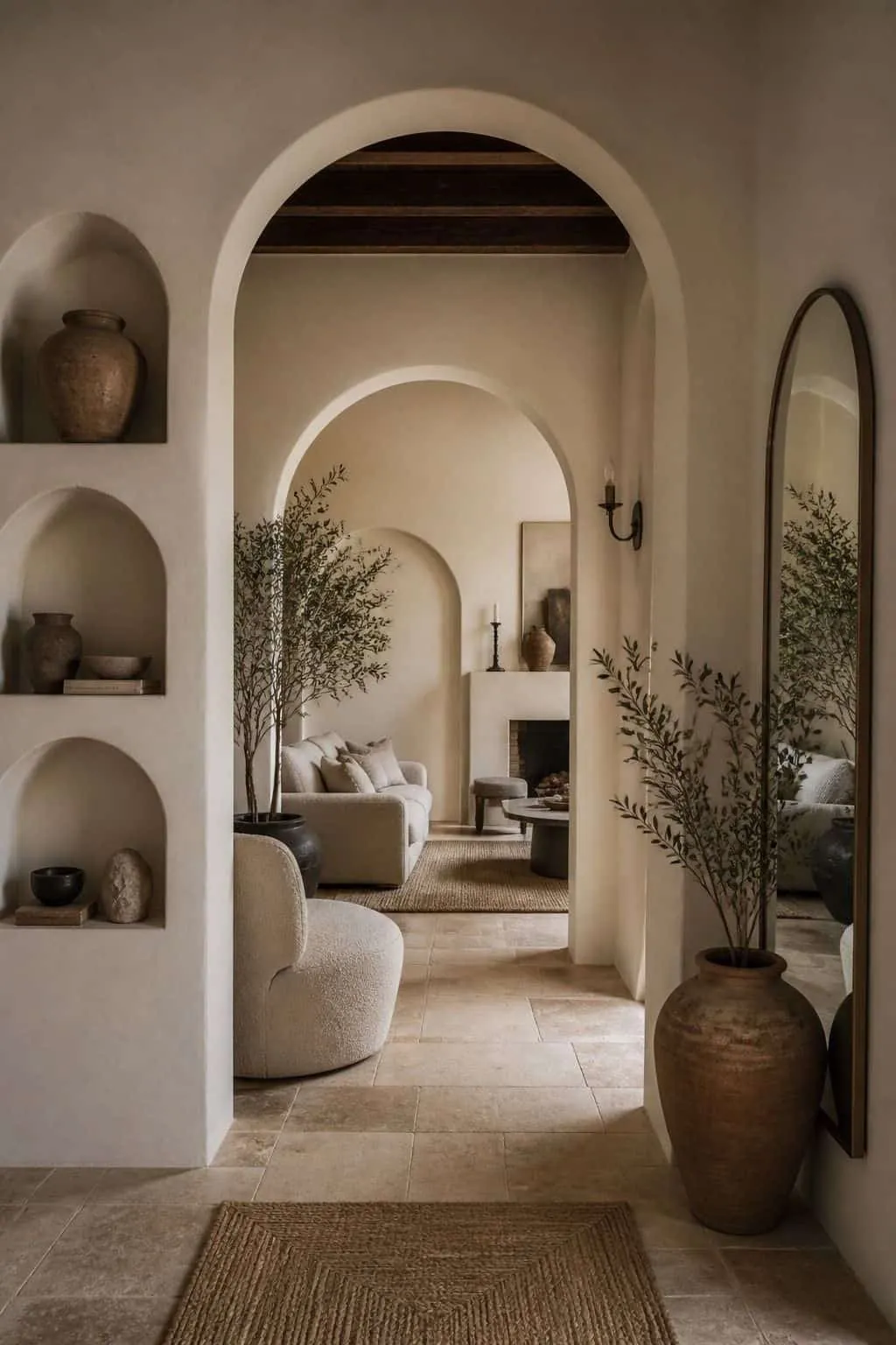 Arched hallway with plaster niches and soft curved walls