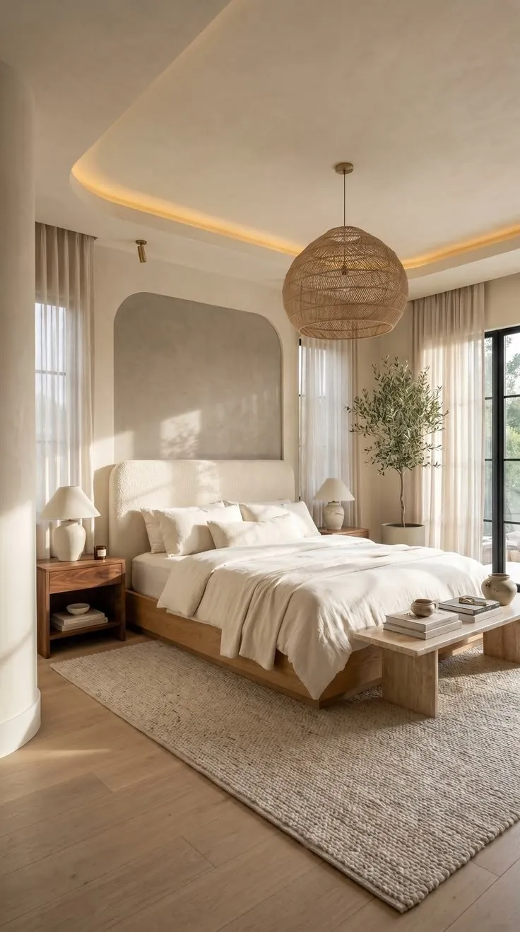 Master suite with timber floors, a woven pendant light and upholstered bed