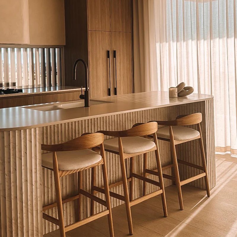Timber kitchen with a fluted island bench and bar stools